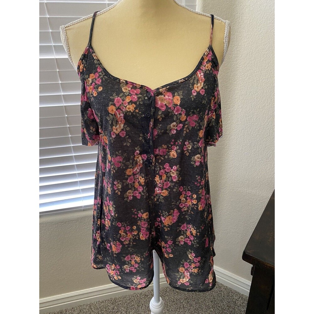 Lucca Couture Spaghetti Strap heather gray w flowers shorts romper jumpsuit SZ M